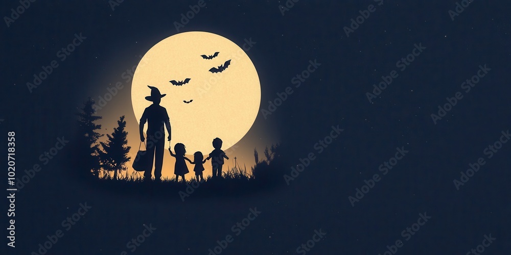 A whimsical silhouette of a family against a bright full moon, evoking feelings of adventure and nostalgia on a spooky night. A whimsical silhouette of a family against a bright full moon, evoking feelings of adventure and nostalgia on a spooky night.