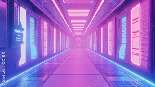 Futuristic Corridor with Neon Lights and Geometric Panels