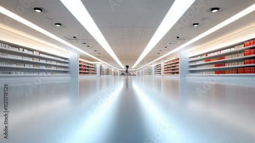 modern library interior with bookshelves and lighting