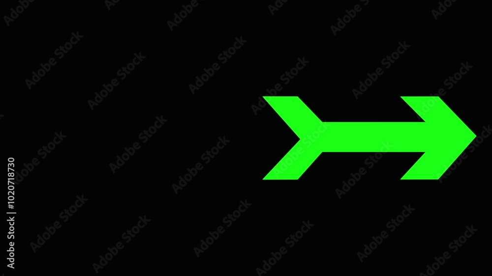 Glowing green light arrows pointing to the right. Arrow sign on black background. Abstract directional arrow icon animation. Glowing green light arrows pointing to the right. Arrow sign on black background. Abstract directional arrow icon animation.