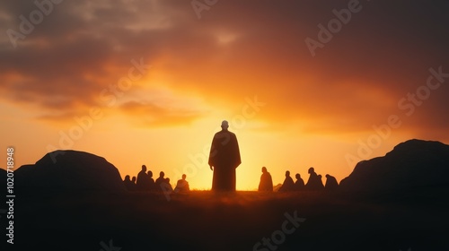 silhouettes of people against a dramatic sunset sky