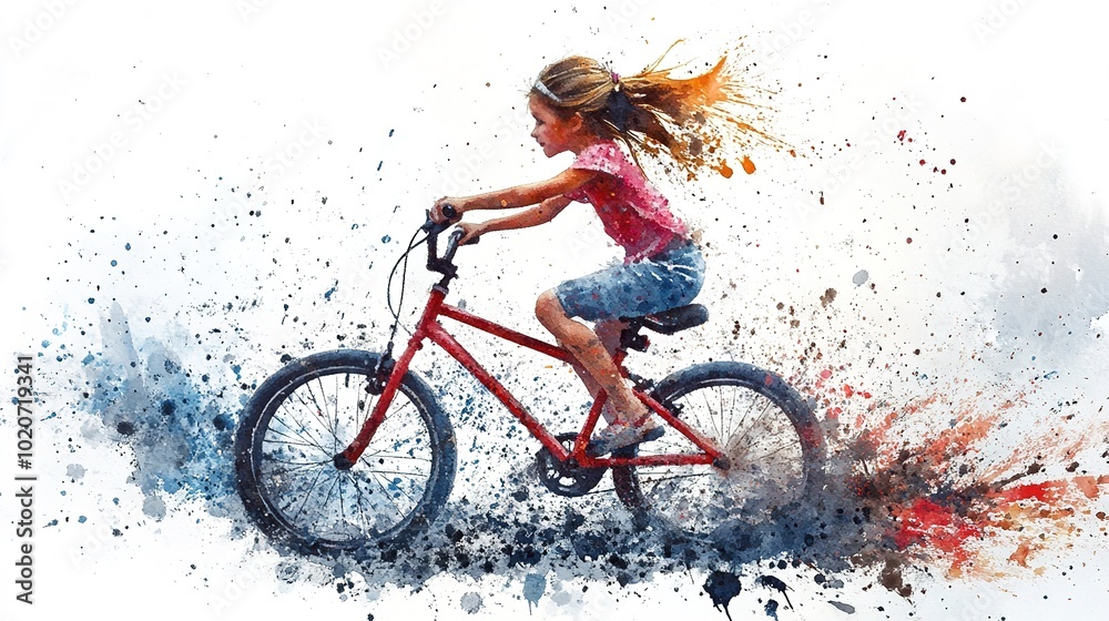 Naklejka premium Charming watercolor of a girl cycling, vibrant splashes of paint, isolated on a clean white background