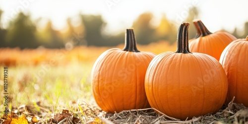 Bright orange pumpkins in a sunlit field, surrounded by autumn foliage, perfect for seasonal decorations and harvest themes.