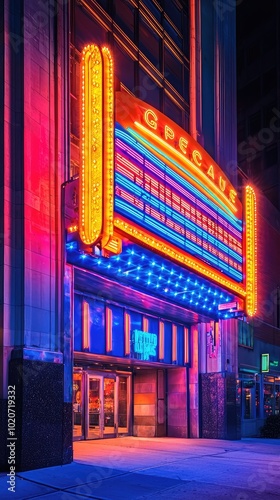 A vibrant nighttime shot of a retro movie theater marquee, glowing with neon lights and inviting ambiance. photo