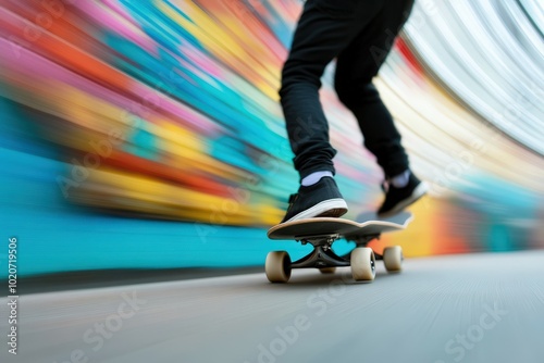 person riding a skateboard on a colorful blurred background photo