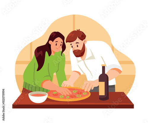 Man and Woman Cooking pizza at Home Vector Illustration