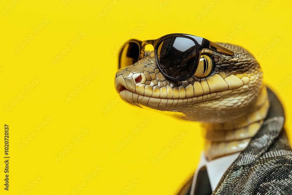 Fototapeta premium Stylish snake in suit and sunglasses on yellow background