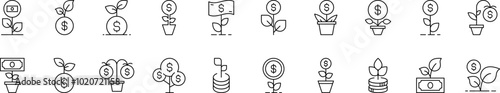 Money Tree Line Icon Collection. Editable Stroke. Perfect for Infographics, Articles, Books, Flyers, Banners