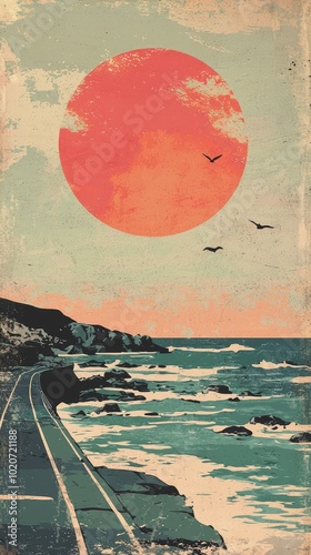 A vintage coastal scene featuring a large sun setting over the ocean, waves crashing against the shore, and birds in the sky. photo