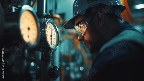 A focused industrial worker inspecting machinery gauges in a factory setting, showcasing expertise and precision in a dynamic work environment. photo