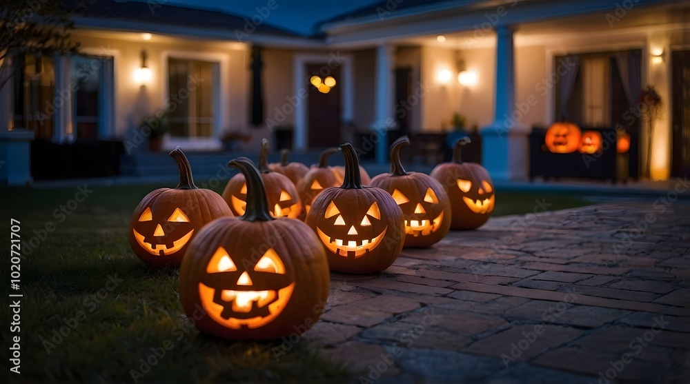 Fototapeta premium A Luxury House with a Halloween Theme, Decorated Halloween Pumpkins