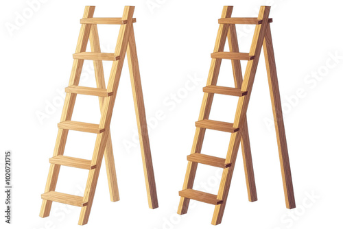 Two wooden step ladders standing upright, ideal for construction or home renovation projects, highlighting durability and craftsmanship.