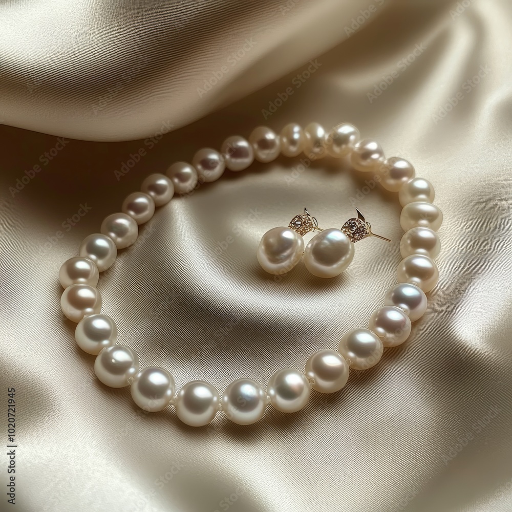 Elegant White Pearl Necklace and Earrings on Satin Fabric Elegant White Pearl Necklace and Earrings on Satin Fabric