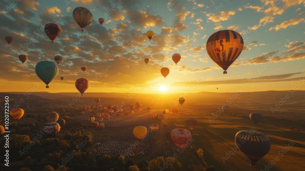 Naklejka premium Breathtaking sunset over hot air balloons