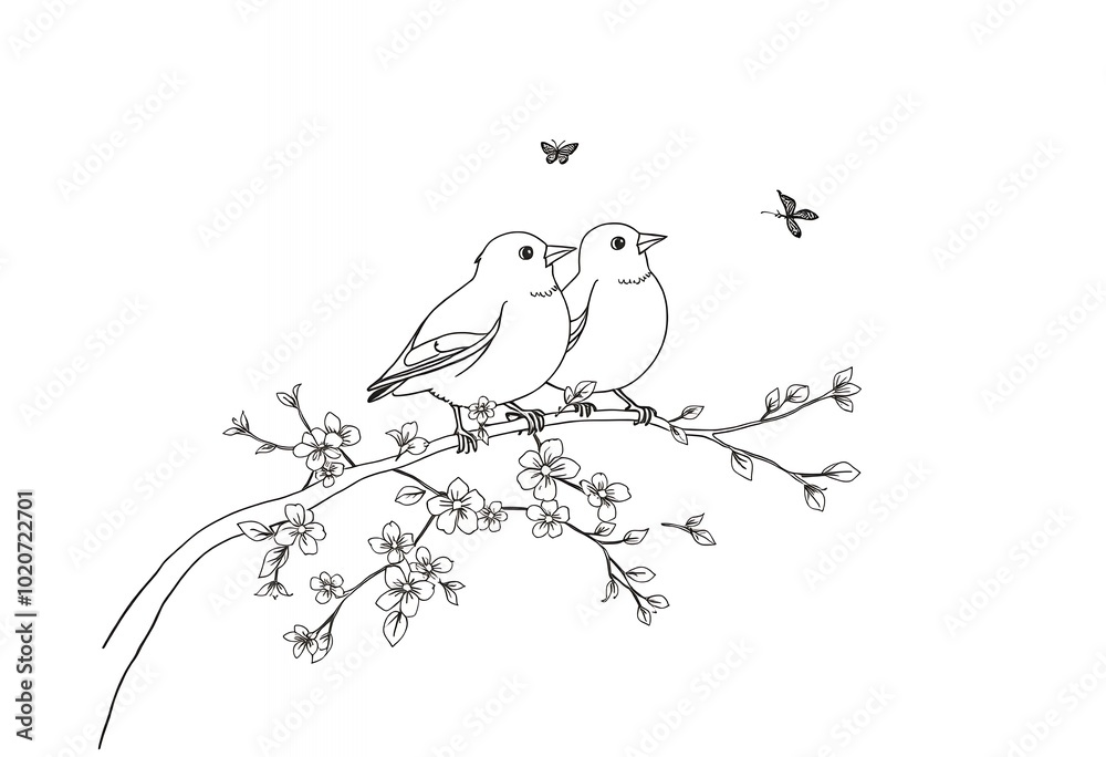 Fototapeta premium Two Birds Perched on Branch with Blossoms and Butterflies Spring Illustration