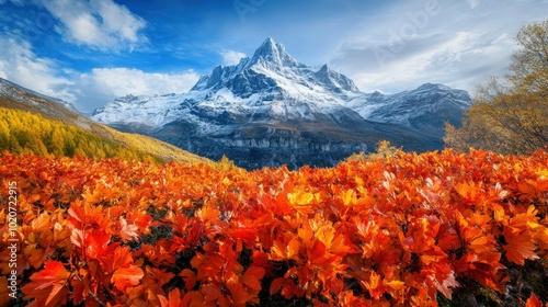 Stunning autumn landscape with snow-capped mountain peak