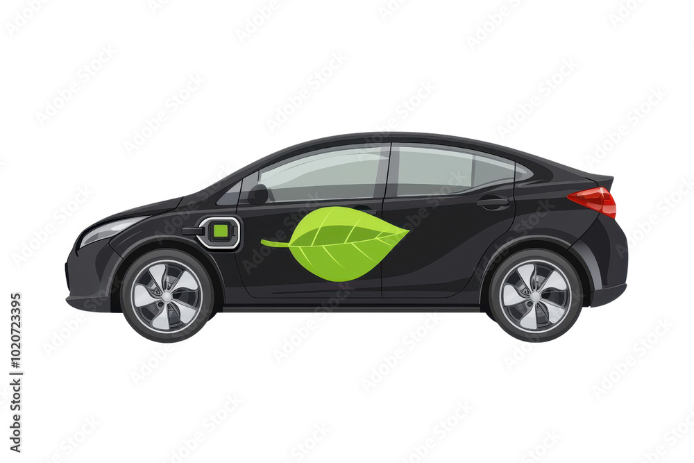 Fototapeta premium Illustration of a black electric car with a green leaf symbol, representing eco-friendly transportation and sustainable technology.