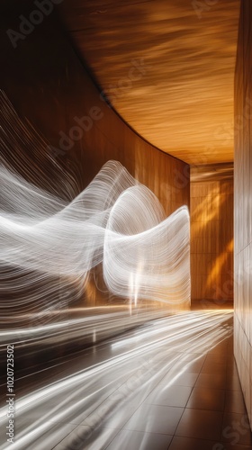 Abstract light trails create a dynamic motion effect within a modern architectural space, showcasing a blend of warmth and energy.