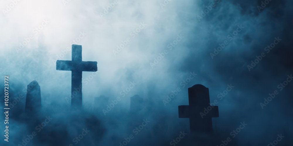 Eerie graveyard scene with silhouettes of crosses emerging from thick fog, creating a haunting and mysterious atmosphere.