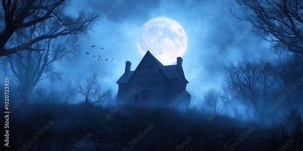 Eerie haunted house silhouette under a full moon, surrounded by mist and barren trees, creating a spooky atmosphere. Eerie haunted house silhouette under a full moon, surrounded by mist and barren trees, creating a spooky atmosphere.