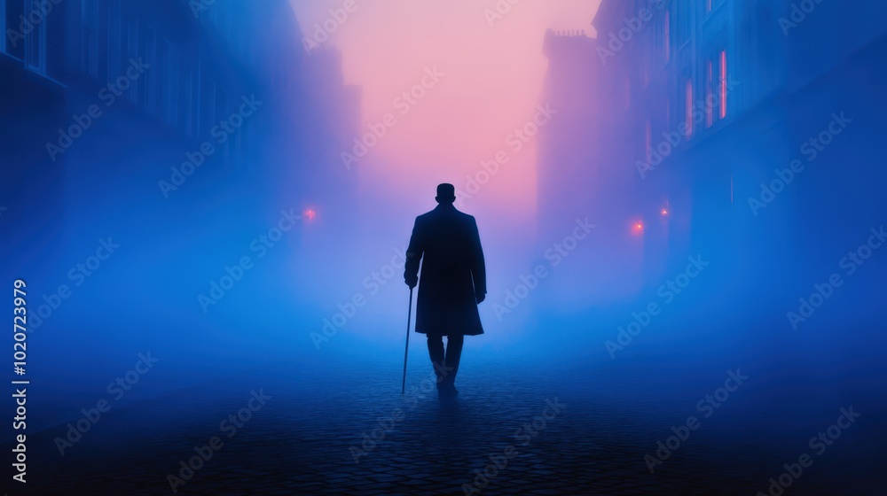 Fototapeta premium silhouette of a man walking in a mysterious fog