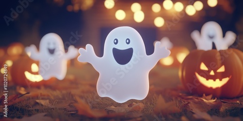 Festive ghost decorations surrounded by carved pumpkins and glowing lights create a cheerful Halloween atmosphere.