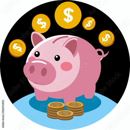 Piggy Bank with Coin - Savings and Finance Concept Illustration