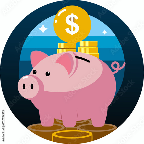 Piggy Bank with Coin - Savings and Finance Concept Illustration