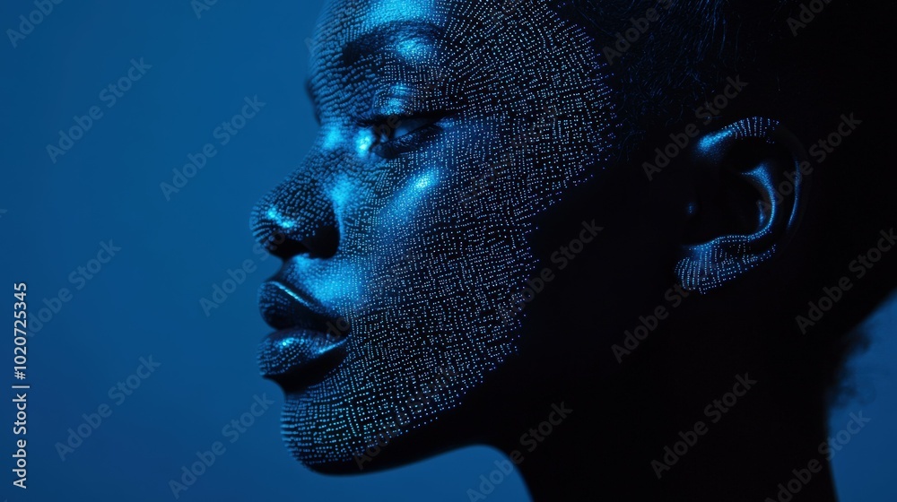 abstract digital face in blue light abstract digital face in blue light