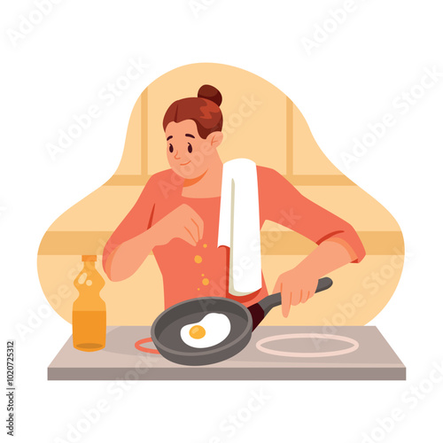 Woman Cooking Scrambled Egg at Home on Frying Pan Vector Illustration