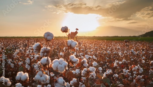 blooming cotton field evaluates crop before harvest under a golden sunset slow motion