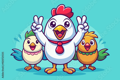 Cartoon chicken characters with expressive, funny emotions, hand-drawn style, each showing different gestures like peace signs, whispering, and shouting, vibrant color scheme, soft pastel background