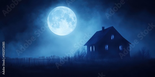 Mysterious house under a full moon, surrounded by fog and shadows, creating an eerie atmosphere and a haunting scene.