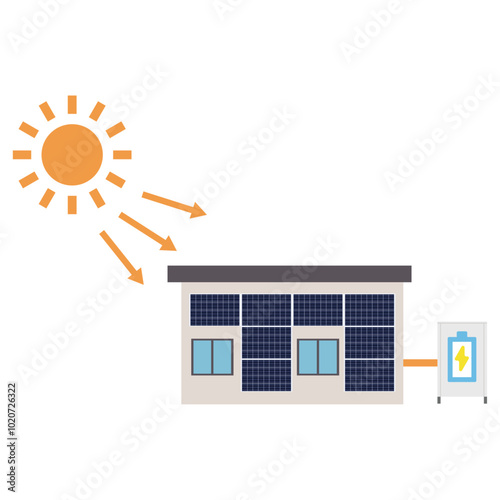 家の壁に設置したソーラーパネルを使った太陽光発電システムのイラスト