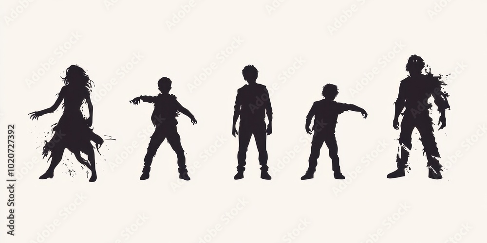 Obraz premium Silhouetted figures of children in varying poses, showcasing movement and creativity against a light background.