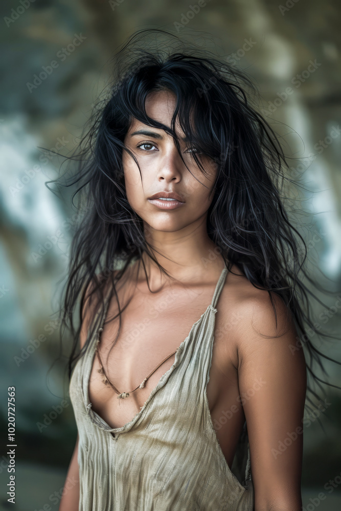 Woman with Windswept Hair and Natural Look Posing Outdoors in Earthy Toned Dress Woman with Windswept Hair and Natural Look Posing Outdoors in Earthy Toned Dress