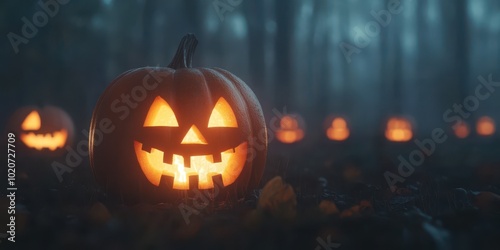 Spooky Halloween night scene featuring carved pumpkins glowing in a dark forest, perfect for seasonal decorations and themes.