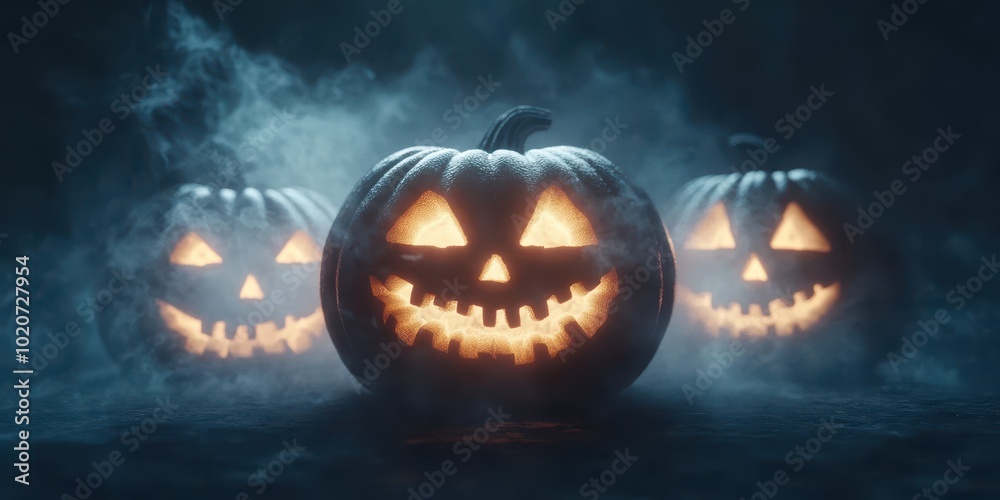 Spooky Halloween pumpkins with glowing faces in a misty atmosphere, perfect for Halloween-themed decor and celebrations. Spooky Halloween pumpkins with glowing faces in a misty atmosphere, perfect for Halloween-themed decor and celebrations.