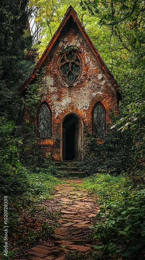 An enchanting abandoned house surrounded by lush greenery, evoking mystery and nature's reclaiming beauty.