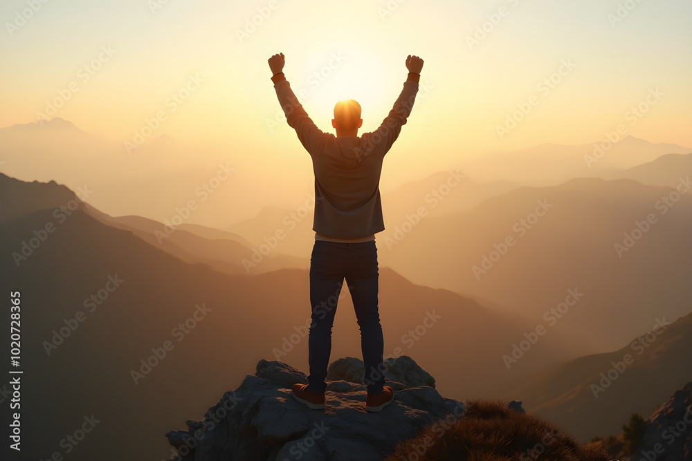 Fototapeta premium A man with his arms raised on top of a mountain