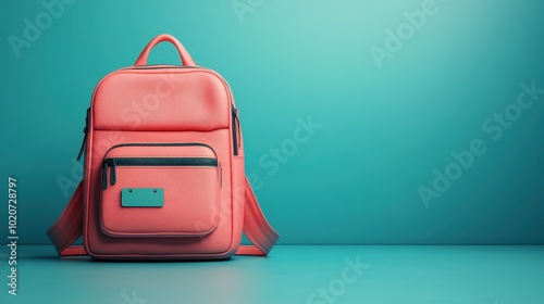 A stylish pink backpack stands on a turquoise surface, showcasing modern design and functionality for everyday use.