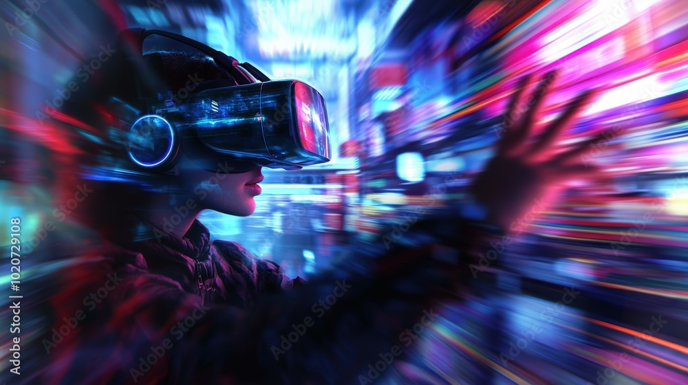 person wearing virtual reality headset in futuristic city person wearing virtual reality headset in futuristic city