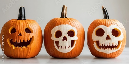 Three creatively carved pumpkins showcasing unique skull designs, perfect for Halloween decoration and festive celebrations. photo