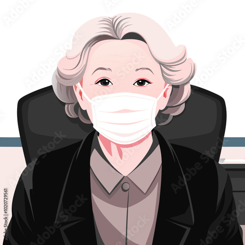 Elderly woman healthcare professional, mask illustration, seated portrait, caring expression, copy space