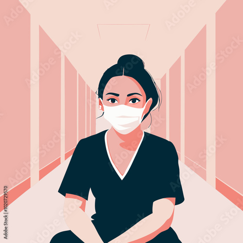 Asian nurse sitting in hospital hallway looking at camera, wearing teal scrubs and face mask. Concept of healthcare, medical staff, hospital environment