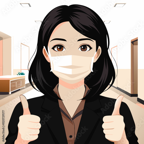 Confident female healthcare worker, mask illustration, giving two thumbs up, cheerful demeanor, copy space
