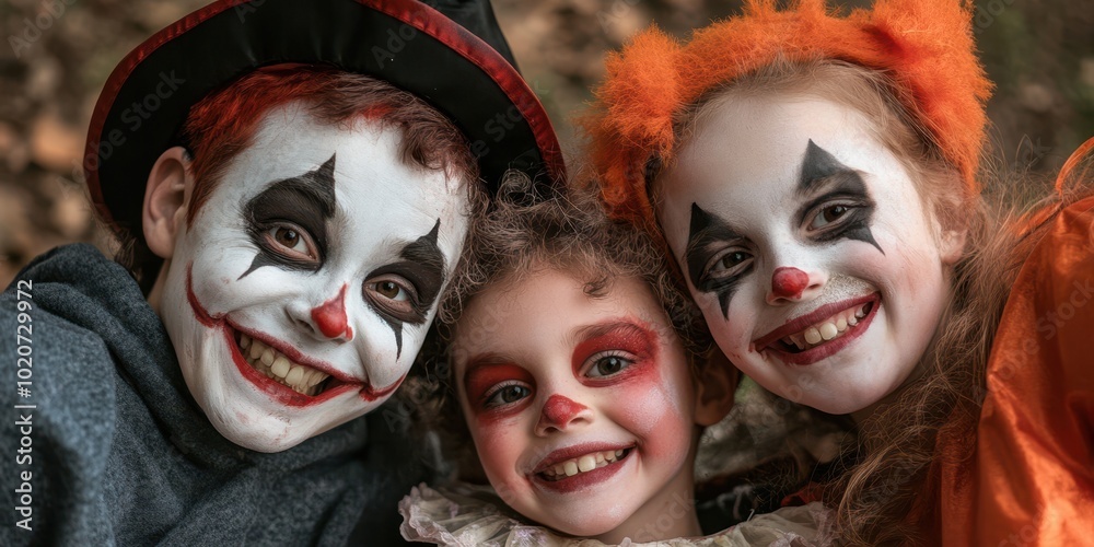 Fototapeta premium Three joyful children in clown costumes showcase vibrant faces and playful expressions, perfect for festive-themed content.
