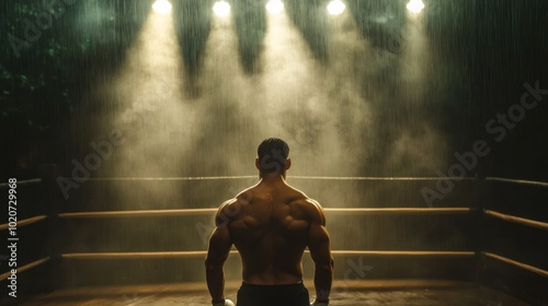 Boxer with taut muscles in ring under pouring rain, spotlights casting shadows