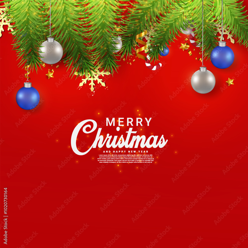 Fototapeta premium Merry Christmas red gradient background design with Christmas ball, snow, and light effects. Realistic Christmas invite card design with a gift box and red color. Christmas holiday background. 