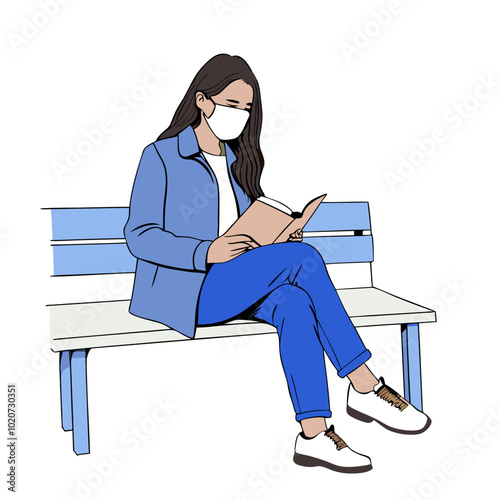 Young woman wearing face mask sitting on bench and reading book in public area